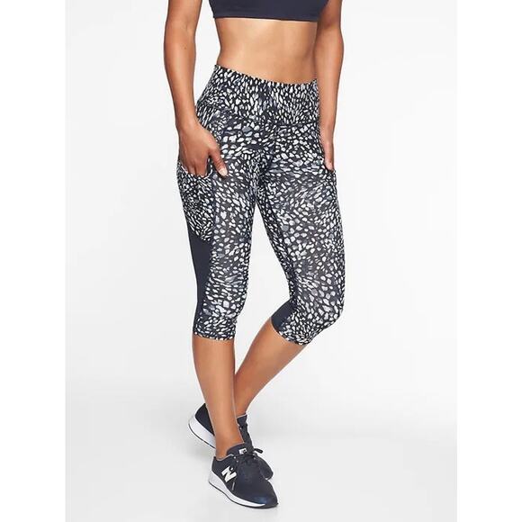 Athleta Spotty All Crop Leggings S Navy Grayish Blue White Pockets Mesh Logo - Picture 1 of 11
